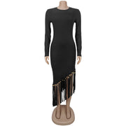 Women Bodycon Slim Fit Solid Color round Neck Asymmetric Tassel Hem Dress