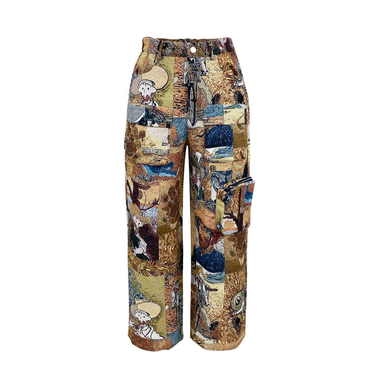 Trendy Women Casual Trousers Jacquard Retro Multi Pocket Cargo Pants