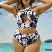 Plus Size Cross Collar Random Printed Sexy Bikini Set