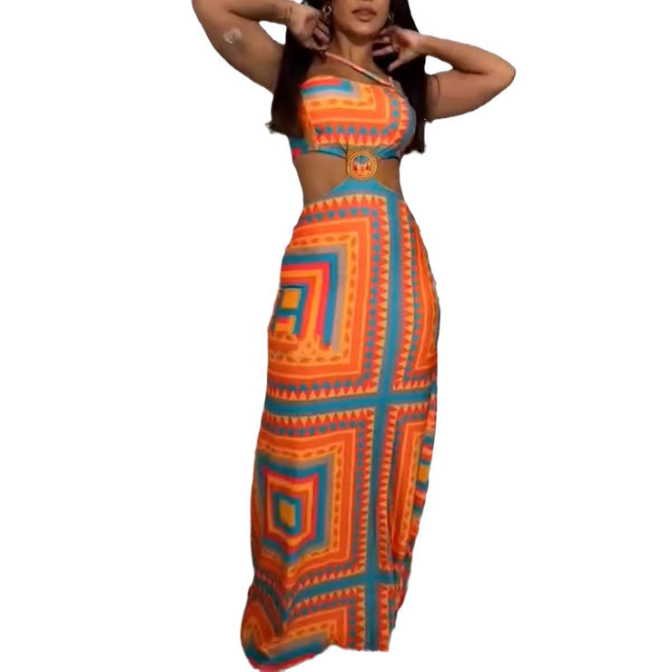 Sexy Printed Stitched Backless Hollow Out Cutout Elastic Halter Maxi Dress