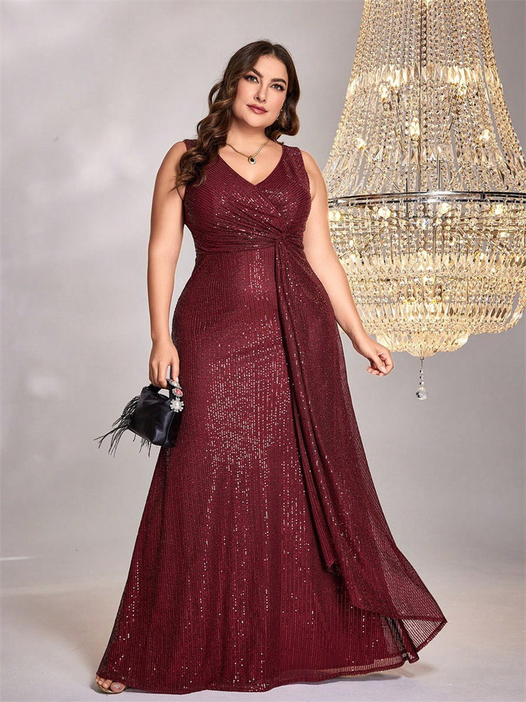 Women Long Sleeve Elegant V neck Cocktail Evening Dress in Plus Size