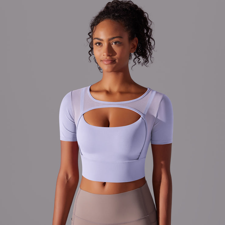 Sexy Double Layer Mesh Short Sleeve Push Up Bra Top for Women