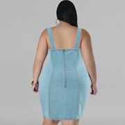 Women Plus Size Short Sleeveless Dress with Gold Buckle Suspender