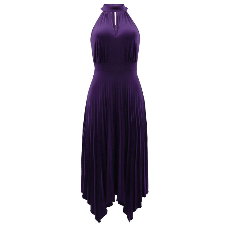 Classy Sleeveless Asymmetric Pleated Halter Dress for Women