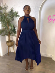 Classy Sleeveless Asymmetric Pleated Halter Dress for Women