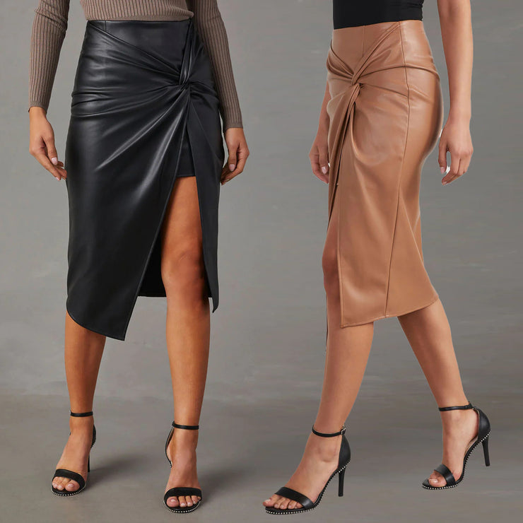 Split Mid Length Sexy Faux Leather Hip Skirt for Women