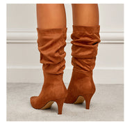 Spring Catwalk Wrinkled Surface Slip on Suede Stiletto Heel Women High Heel Boots
