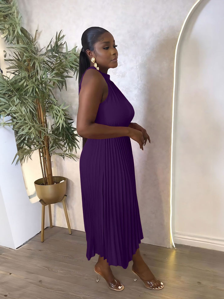 Classy Sleeveless Asymmetric Pleated Halter Dress for Women