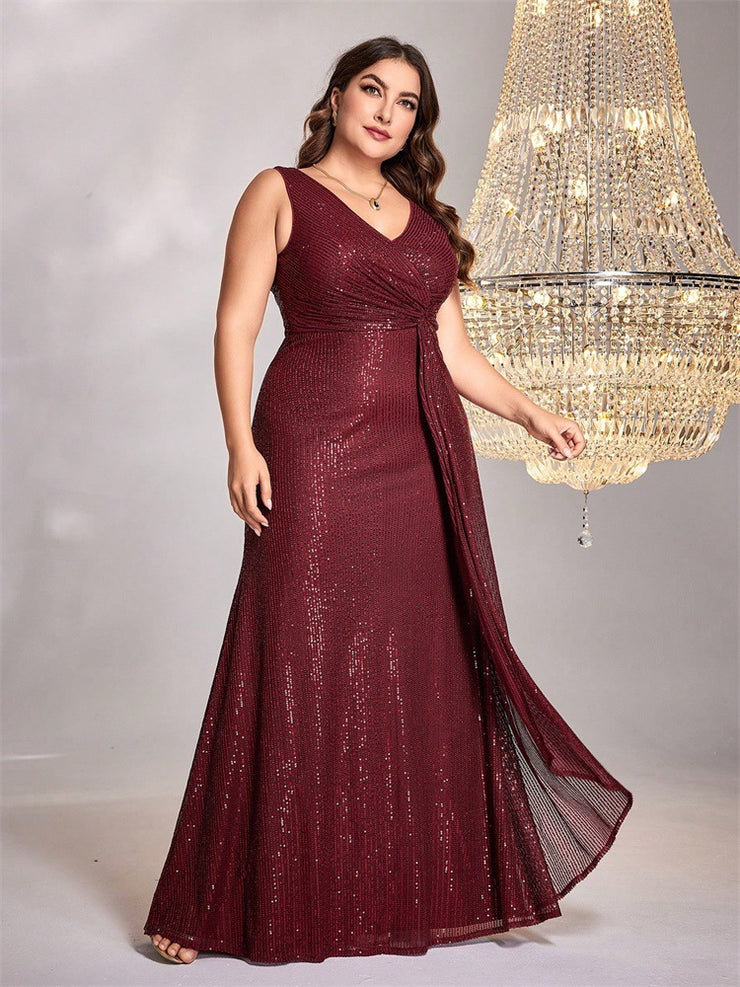 Women Long Sleeve Elegant V neck Cocktail Evening Dress in Plus Size