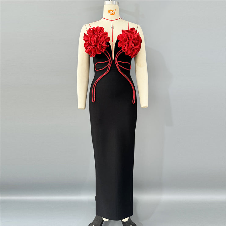 Strapless Floral Beaded Tube Party Cocktail Elegant Maxi Dress