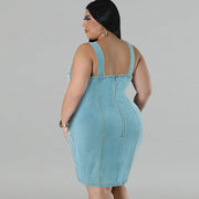 Women Plus Size Short Sleeveless Dress with Gold Buckle Suspender