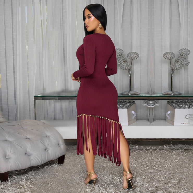 Women Bodycon Slim Fit Solid Color round Neck Asymmetric Tassel Hem Dress