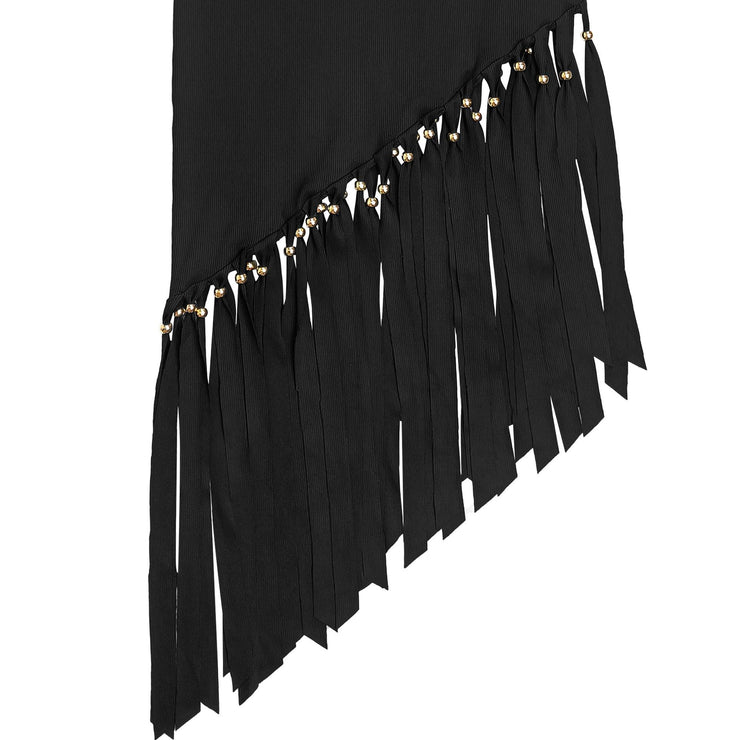 Women Bodycon Slim Fit Solid Color round Neck Asymmetric Tassel Hem Dress