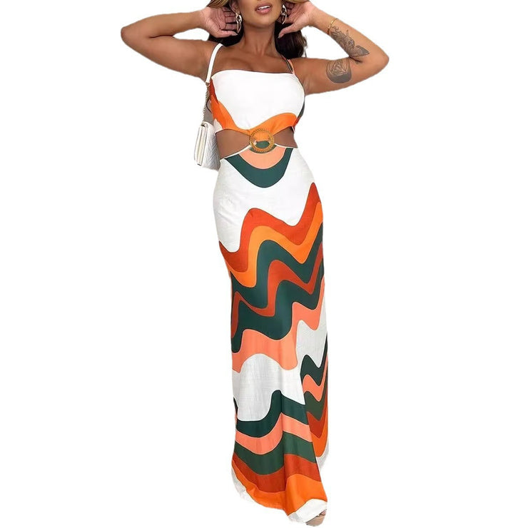 Sexy Printed Stitched Backless Hollow Out Cutout Elastic Halter Maxi Dress