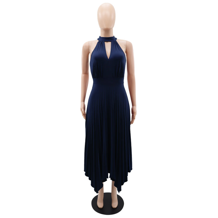 Classy Sleeveless Asymmetric Pleated Halter Dress for Women