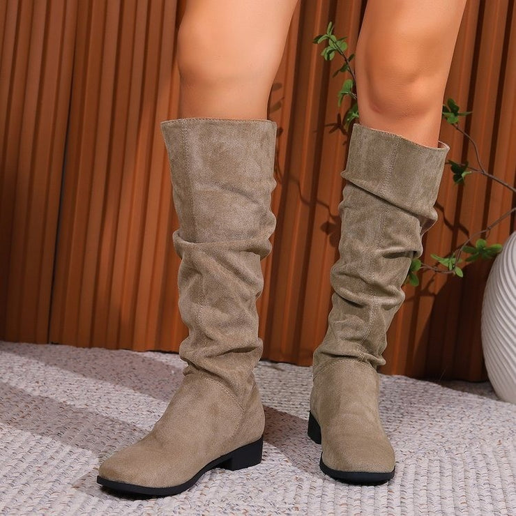 Pile Suede Slip on Knee High Boots Women High round Head Solid Color Thick Heel Flat Boots