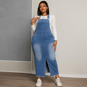 Plus Size Denim Slimming Denim Midi Split Dress with Suspenders