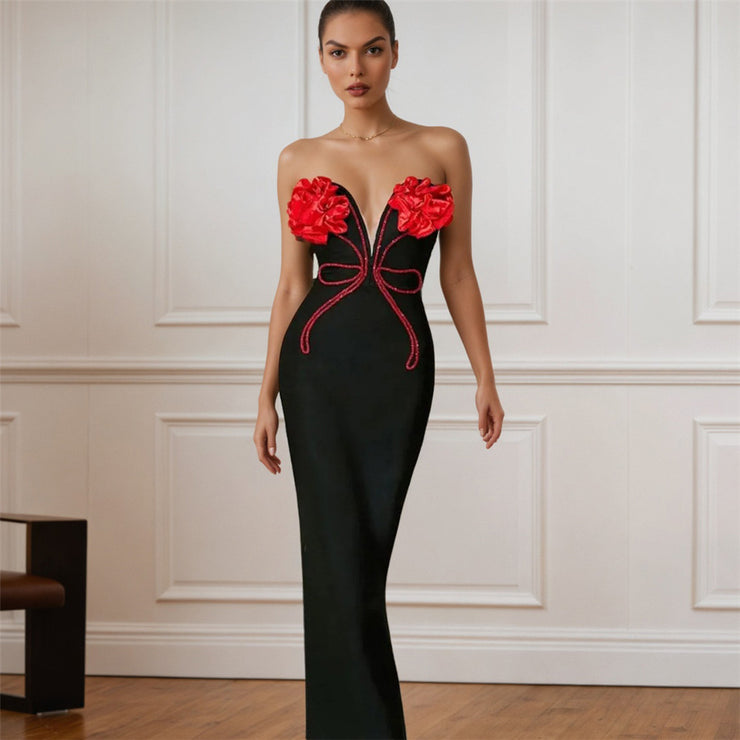 Strapless Floral Beaded Tube Party Cocktail Elegant Maxi Dress