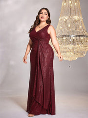 Women Long Sleeve Elegant V neck Cocktail Evening Dress in Plus Size