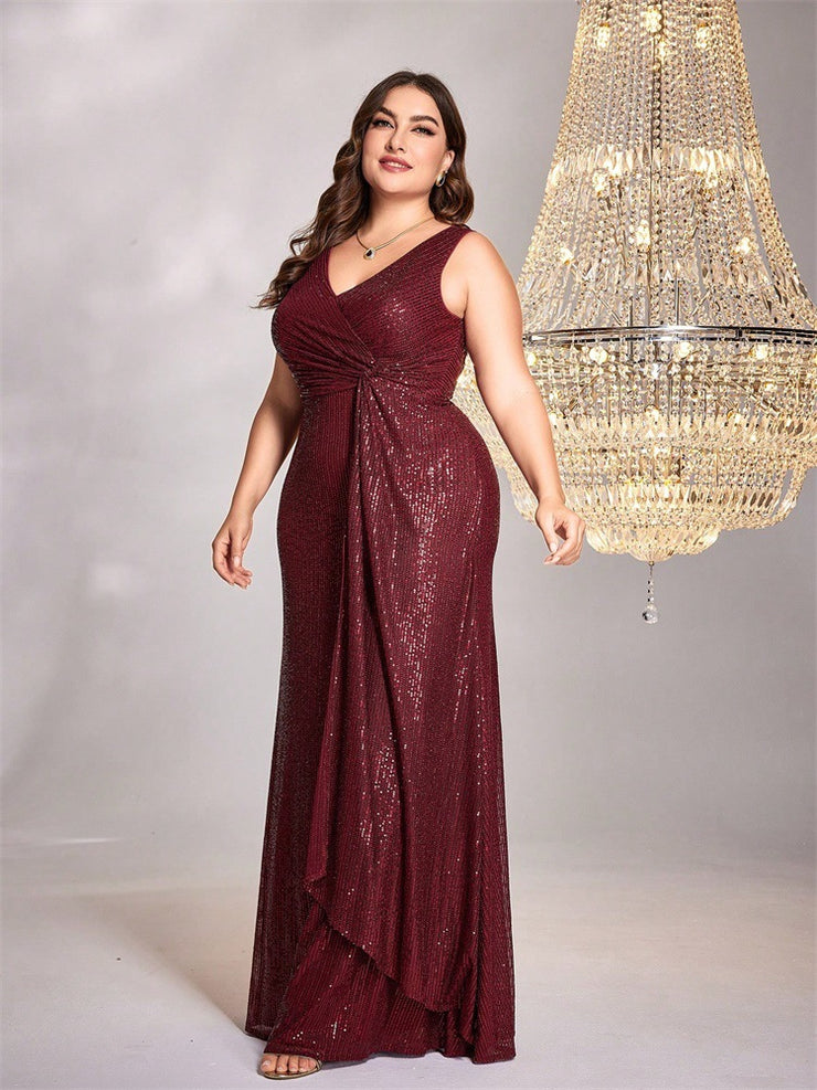 Women Long Sleeve Elegant V neck Cocktail Evening Dress in Plus Size