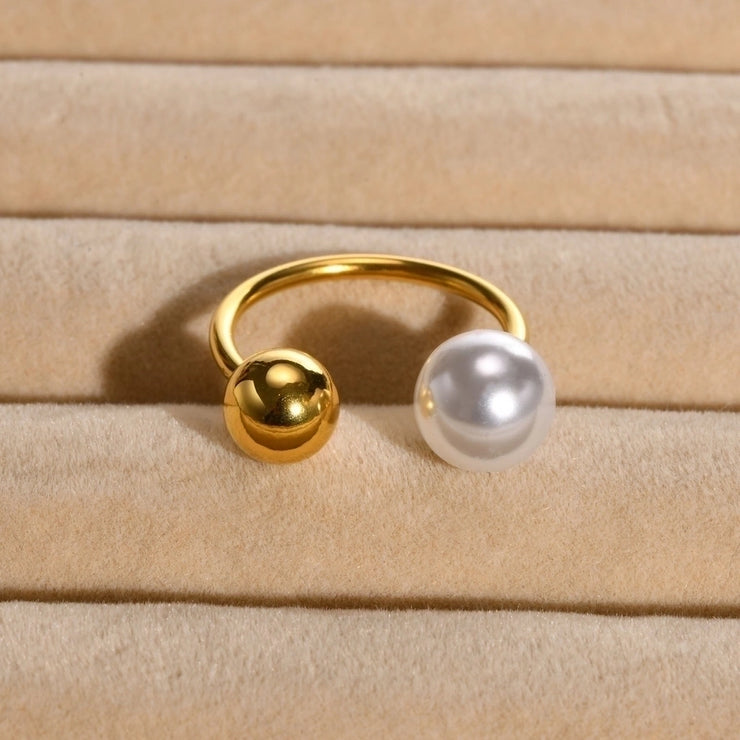 Jewelry Vacation Round 304 Stainless Steel Artificial Pearls 18K Gold Plated Plating Inlay Open Ring