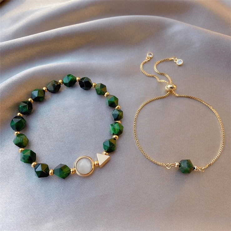 2-piece set Green gemstone bracelet style tiger eye stone alloy bracelet