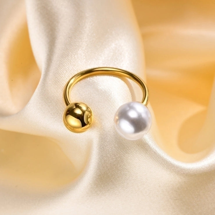 Jewelry Vacation Round 304 Stainless Steel Artificial Pearls 18K Gold Plated Plating Inlay Open Ring