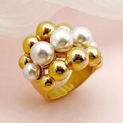 Joyas Estilo vintage Estilo simple Ronda 304 Pearl de acero inoxidable 14K Gold de oro Hollow Hollow Out Rings