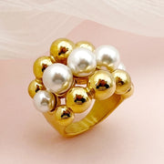 Joyas Estilo vintage Estilo simple Ronda 304 Pearl de acero inoxidable 14K Gold de oro Hollow Hollow Out Rings