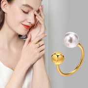 Jewelry Vacation Round 304 Stainless Steel Artificial Pearls 18K Gold Plated Plating Inlay Open Ring