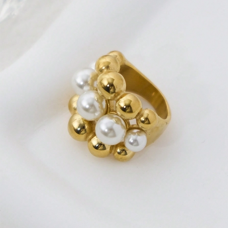 Jewelry Vintage Style Simple Style Round 304 Stainless Steel Pearl 14K Gold Plated Plating Hollow Out Inlay Rings