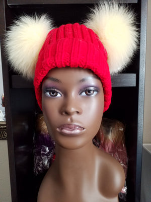 Women's Bunny Ears (Pom Pom) knit hats (caps) with 100% Fox fur - ENUBEE