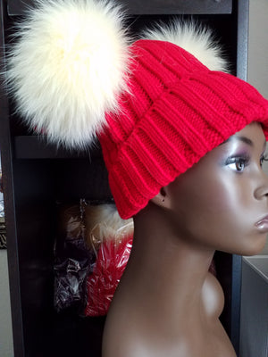 Women's Bunny Ears (Pom Pom) knit hats (caps) with 100% Fox fur - ENUBEE