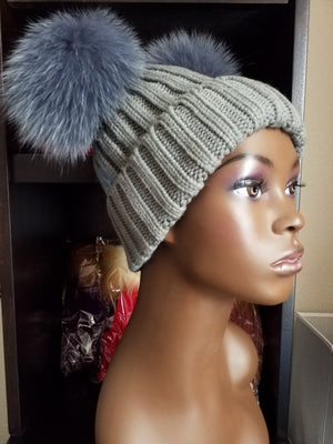 Women's Bunny Ears (Pom Pom) knit hats (caps) with 100% Fox fur - ENUBEE
