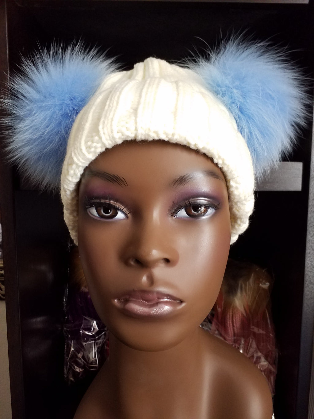 Women's Bunny Ears (Pom Pom) knit hats (caps) with 100% Fox fur - ENUBEE