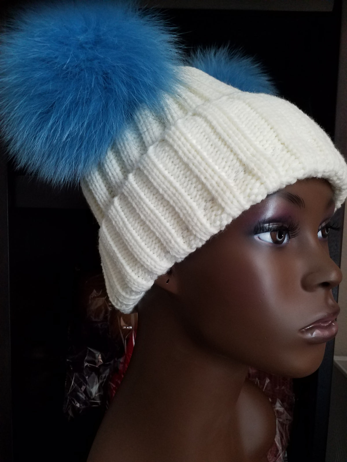 Women's Bunny Ears (Pom Pom) knit hats (caps) with 100% Fox fur - ENUBEE
