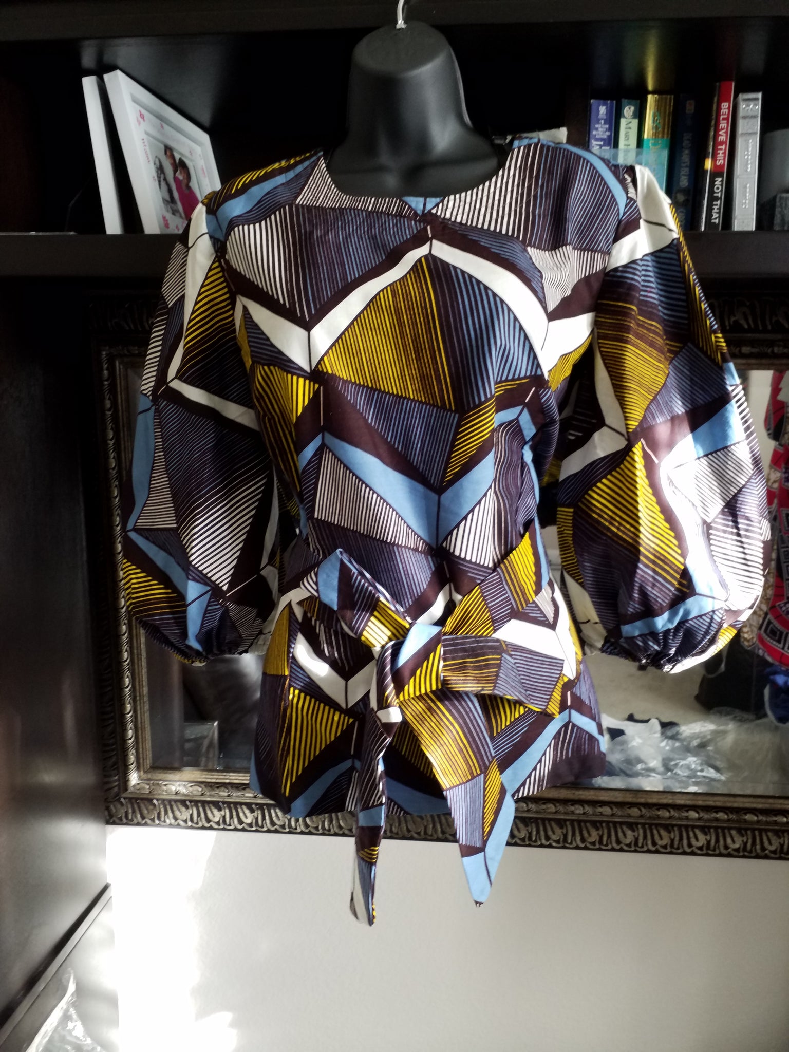 Belted Ankara Top/Blouse with Puffy 3/4 Sleeve - ENUBEE