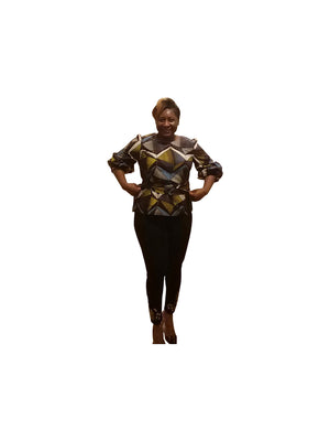 Belted Ankara Top/Blouse with Puffy 3/4 Sleeve - ENUBEE