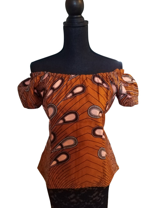 Ankara Peasant Off Shoulder Caramel Multi Top - ENUBEE