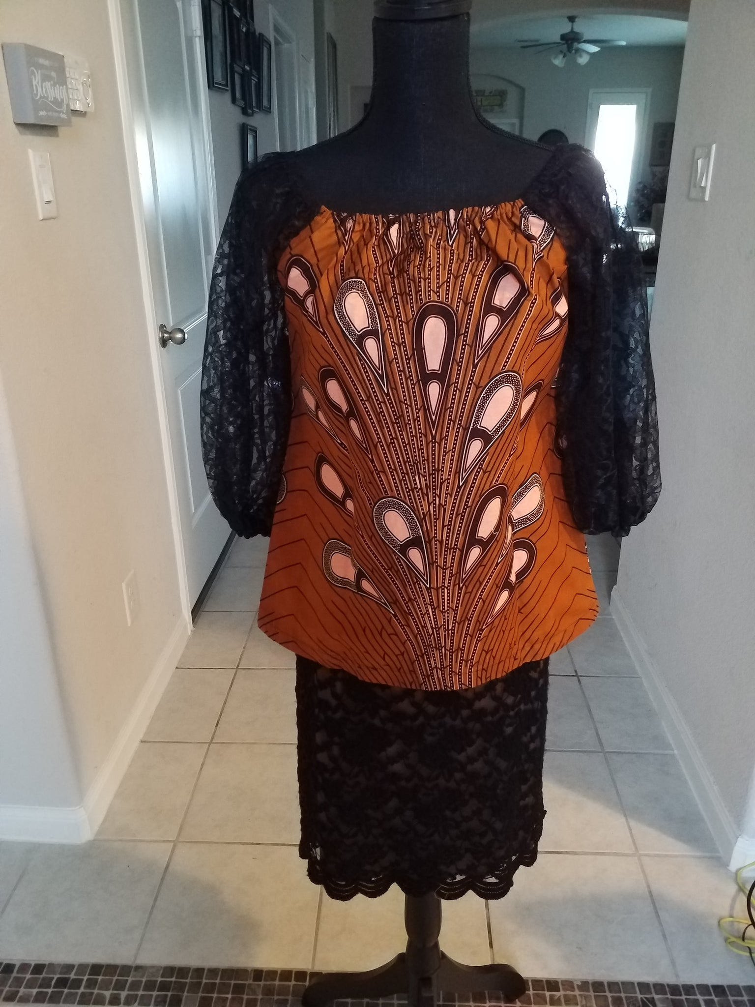 Belted Ankara Caramel Multi Top with lace sleeves - ENUBEE