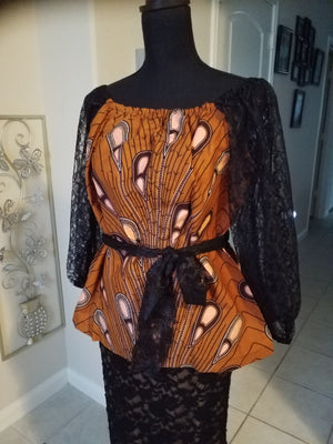 Belted Ankara Caramel Multi Top with lace sleeves - ENUBEE