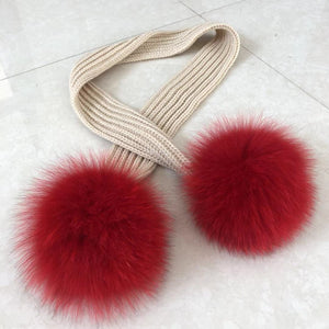 Gorgeous Ladies Knit Scarves with Fox Fur Pom Poms - ENUBEE