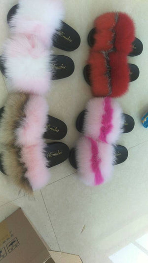 100% Fox Fur Slippers 2 Tone colors! Pink/White - ENUBEE