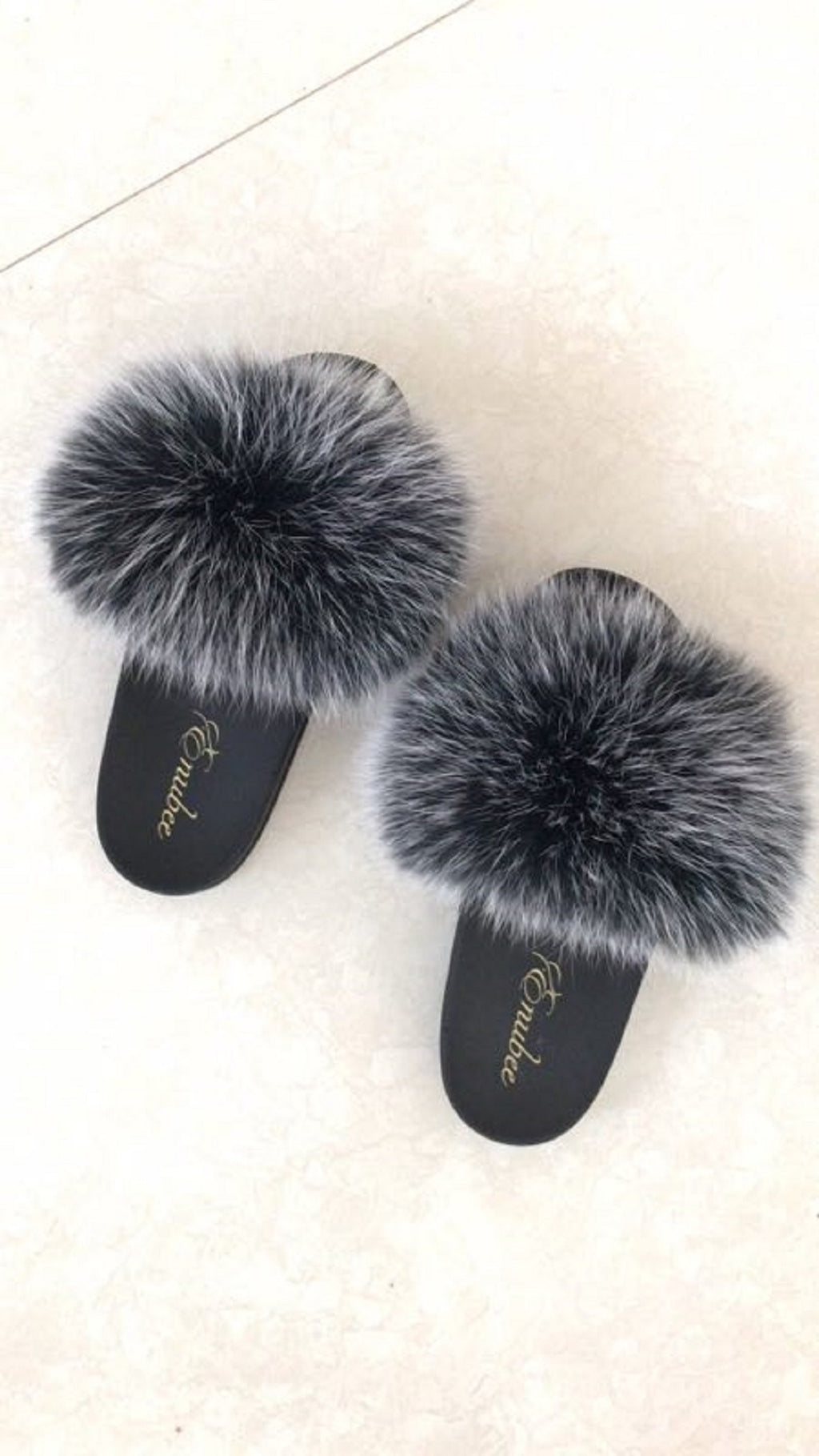 100% Fox Fur Slippers Black - ENUBEE