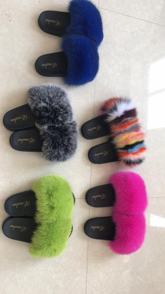 100% Fox Fur Slippers Black - ENUBEE