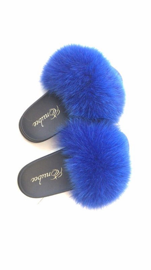 100% Fox Fur Slippers Blue - ENUBEE