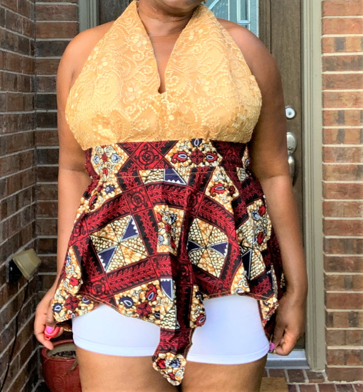 African Style: Ankara Print and Lace Halter Show Back top