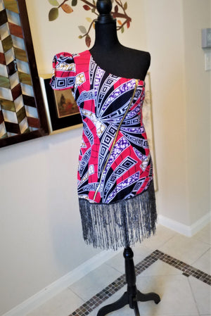 One Shoulder Mini African Patterned Dress with frills- Ankara Design - ENUBEE